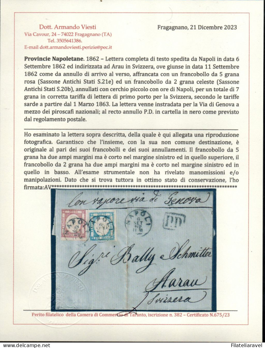 Ltr 1862 -  Napoli - Province Napoletane Lettera Da Napoli Ad Arau(CH)5gr(21)+2gr (20b) Piroscafi Nazionali Cert.Viesti - Neapel