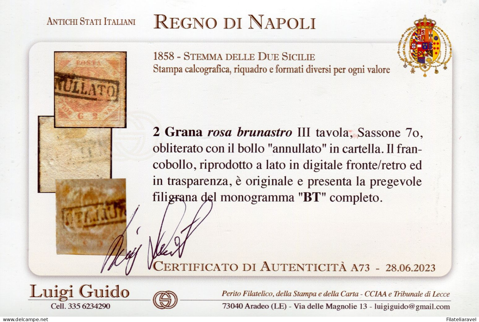 Us 1858 - Napoli - 2 Grana Rosa Brunastreo III Tav (7o) Con Pregevole Varietà Filigrana BT Completa Cert. Guido - Naples