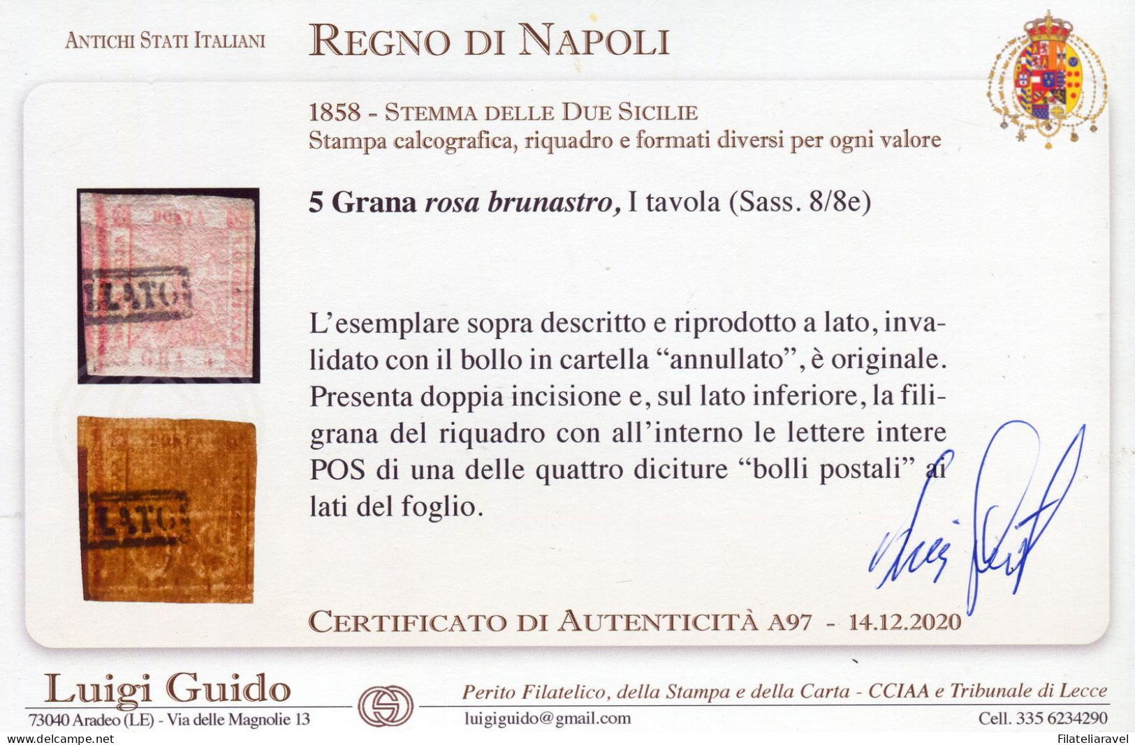 Us 1858 - Napoli - 10 Grana Rosa Brunastro (8e) Doppia Incisione E Filigrana Lettere POS. Cert. Guido - Neapel