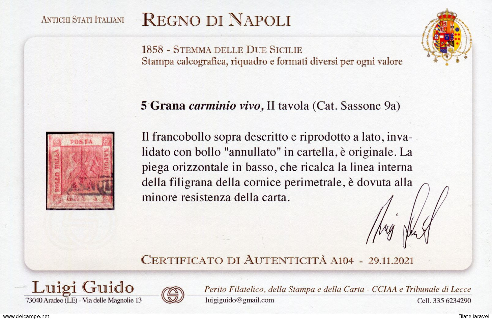 Us 1858 - Napoli - 5 Grana Carminio Vivo (9a) II Tavola, La Piega Orizzontale è La Filigrana Perimetrale. Cert. Guido - Napels