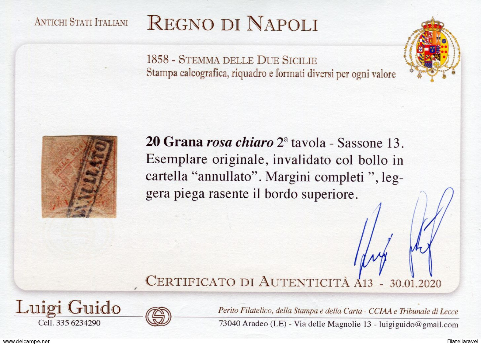 Us 1858 - Napoli - 20 Grana Rosa Chiaro II Tavola (13)  Cert.Guido (2.750) - Nápoles