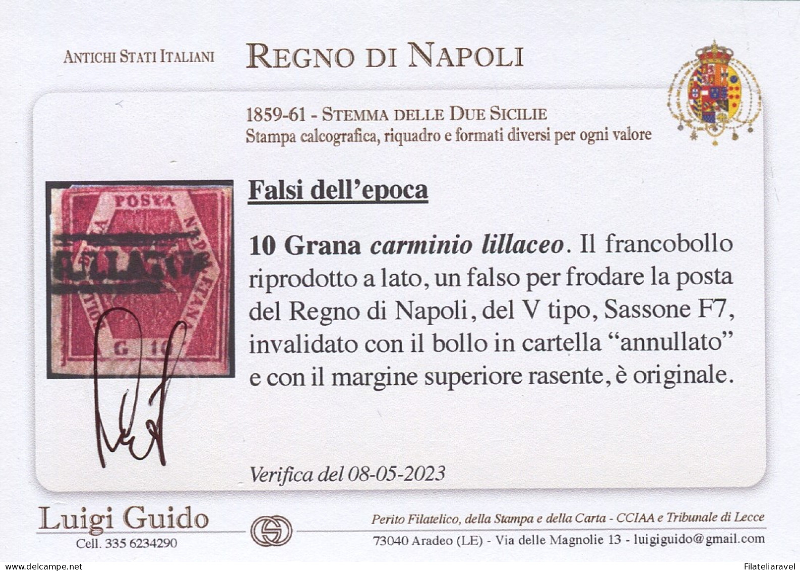 Us 1858 - Napoli - Falso Dell'epoca Usato 10 Grana Carminio Lillaceo (F7) V Tipo, Ver. L.Guido - Naples