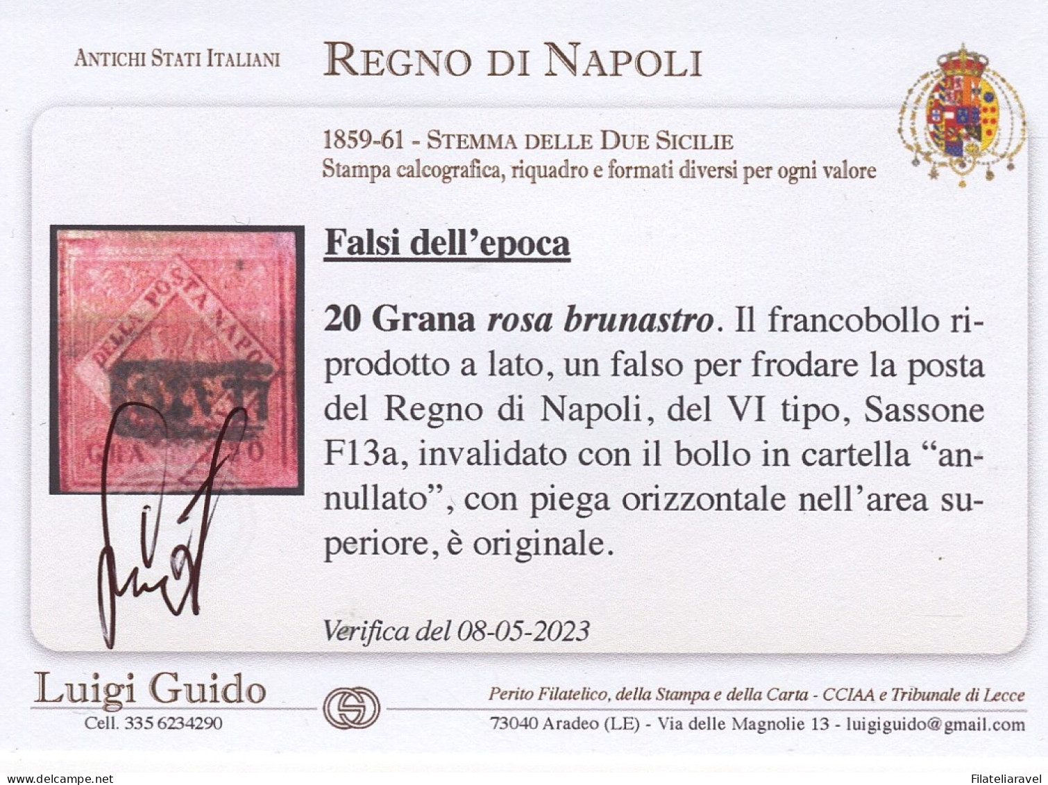 Us 1858 - Napoli - Falso Dell'epoca Usato 20 Grana Rosa Brunastro (F13a) VI Tipo, Ver. L.Guido - Naples