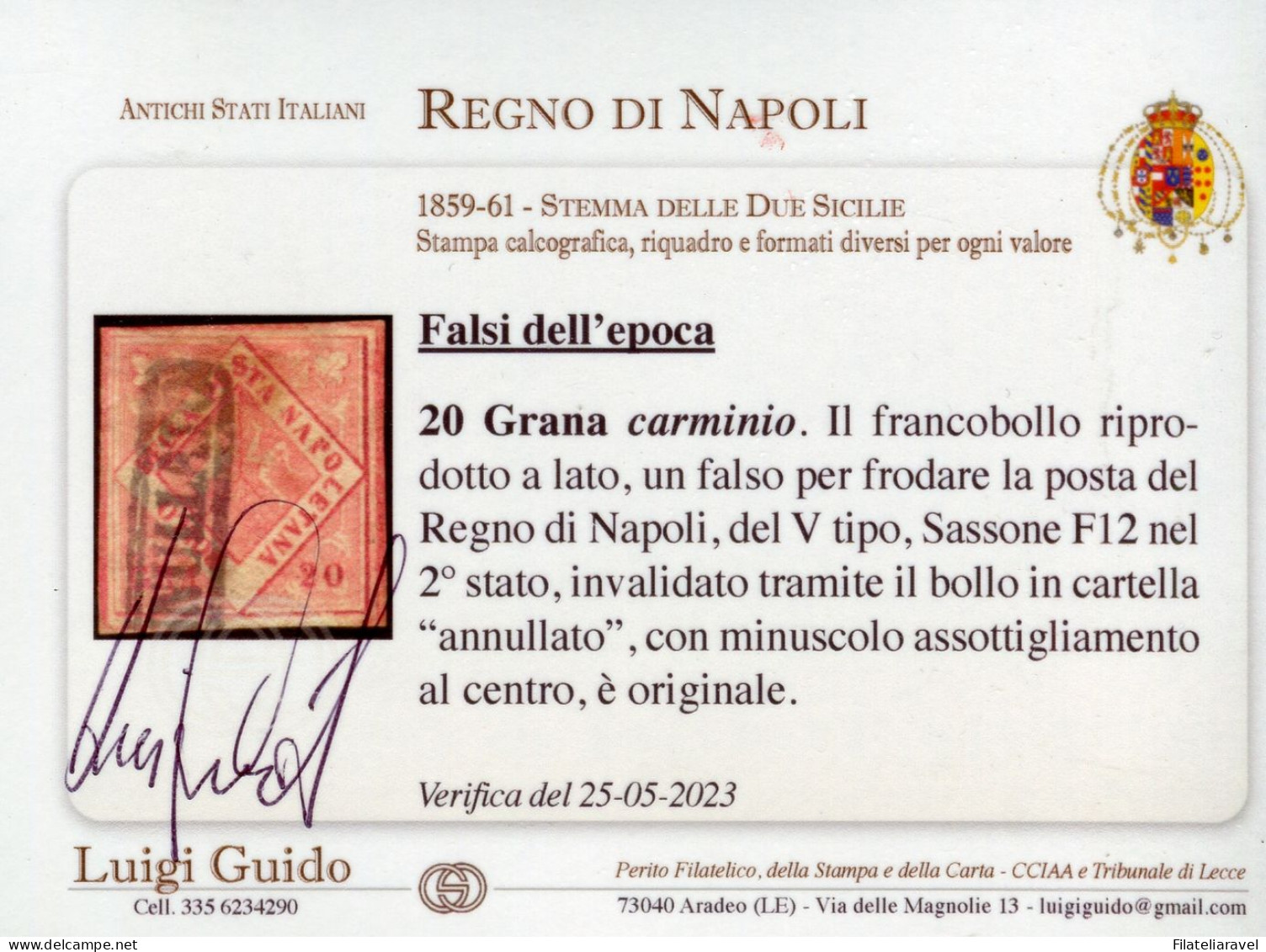 Us 1858 - Napoli - Falso Dell'epoca Usato 20 Grana Carminio (F12) 2° Stato V Tipo, Ver. L.Guido - Naples