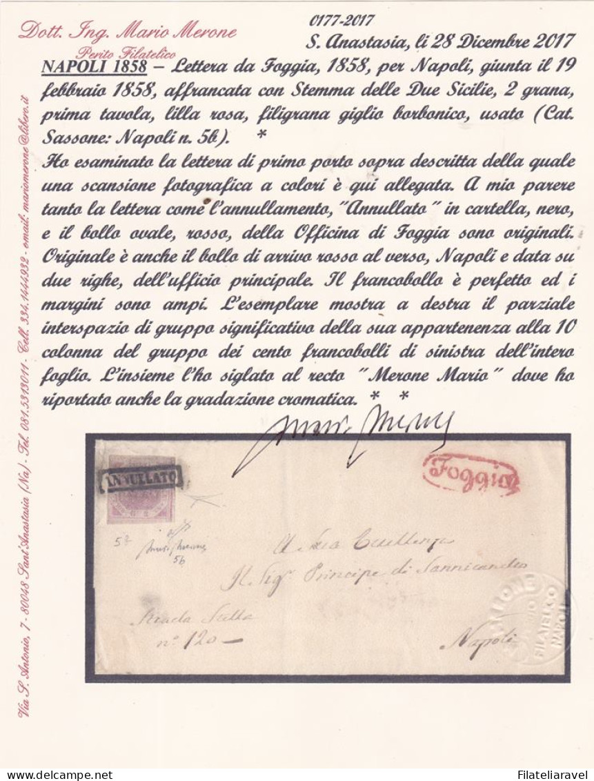 Ltr 1858 - Napoli - Lettera Da Foggia A Napoli, 2 Gr Lilla Rosa (5b) Tinta Di Pregio, Cert. Biondi & Merone - Napoli