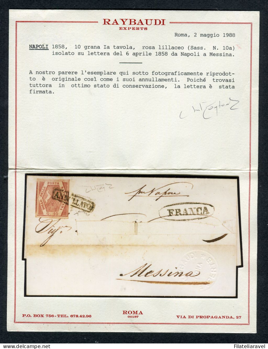 Ltr 1858 - Napoli - Lettera Da Napoli A Messina, 10 Gr Rosa Lillaceo (10a) Uso Isolato Non Comune, Cert.Raybaudi - Napels