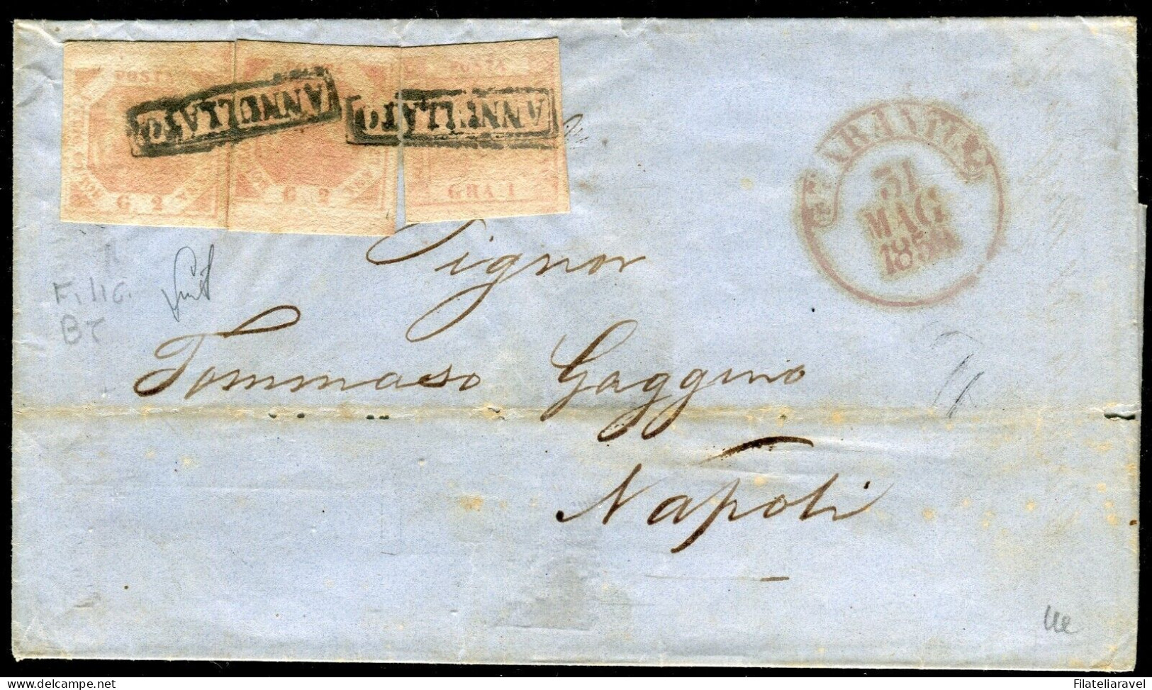 Ltr 1858 - Napoli - Lettera Da Taranto A Napoli, Filigrana BT  Su 2 Grana RARO, Cert. L. Guido - Napels