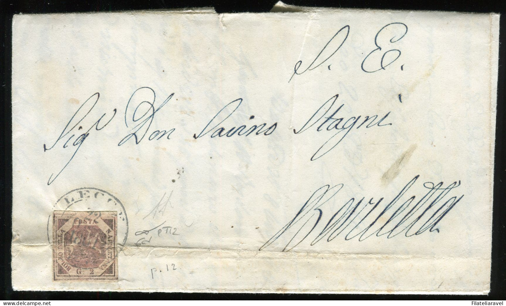 Ltr 1858 - Napoli - Lettera Da Lecce A Barletta, 2 Gr Carminio Mattone (6d Rara) Punti 12, Diena Cert.Viesti (11.000) - Napoli