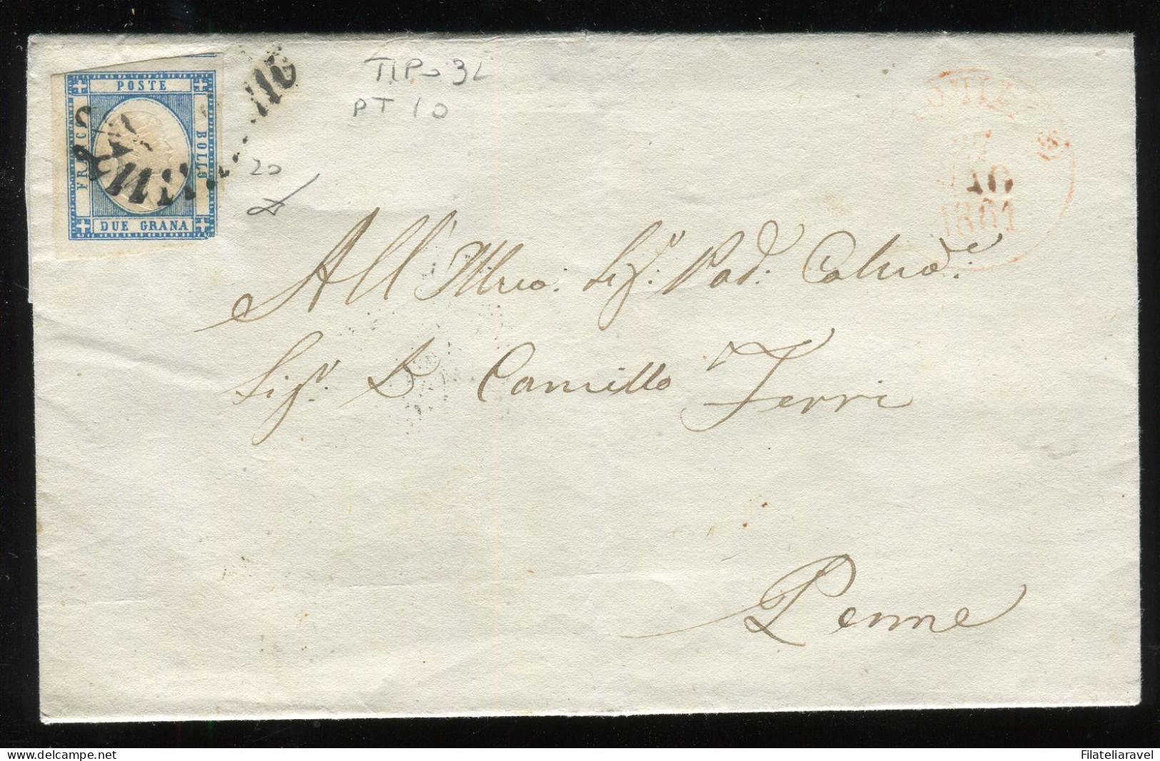 Ltr 1861 - Prov. Napoletane - Lettera Da Aquila A Penne, 2 Gr Azzurro Chiaro (20 ) Svolazzo Tipo 32 Punti 10, Cert.Viest - Naples