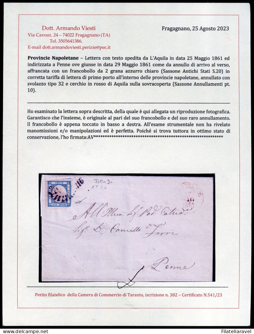 Ltr 1861 - Prov. Napoletane - Lettera Da Aquila A Penne, 2 Gr Azzurro Chiaro (20 ) Svolazzo Tipo 32 Punti 10, Cert.Viest - Napoli