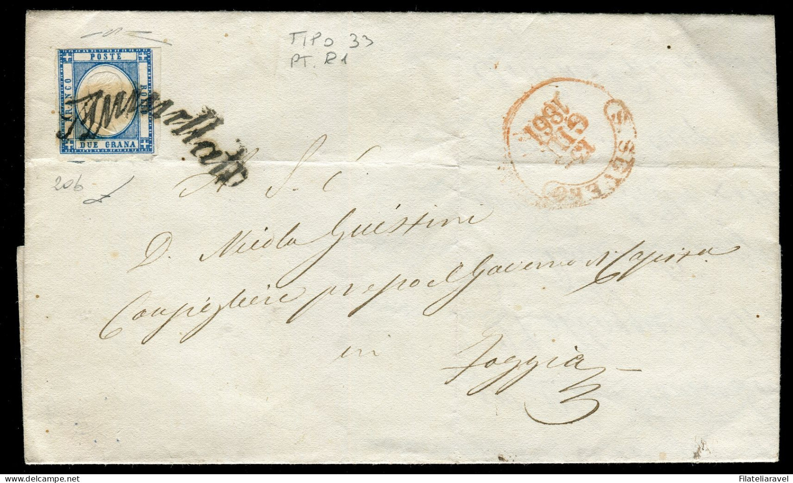 Ltr 1861 - Prov. Napoletane - Lettera San Severo A Foggia, 2 Gr Azzurro (20b) Svolazzo Tipo 33  R1 Cert.Manzoni & Viesti - Neapel