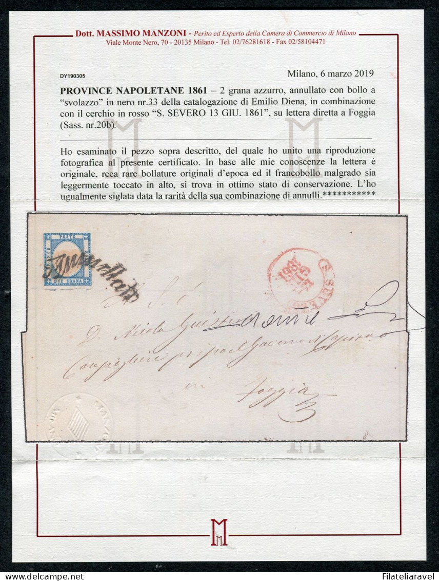 Ltr 1861 - Prov. Napoletane - Lettera San Severo A Foggia, 2 Gr Azzurro (20b) Svolazzo Tipo 33  R1 Cert.Manzoni & Viesti - Neapel