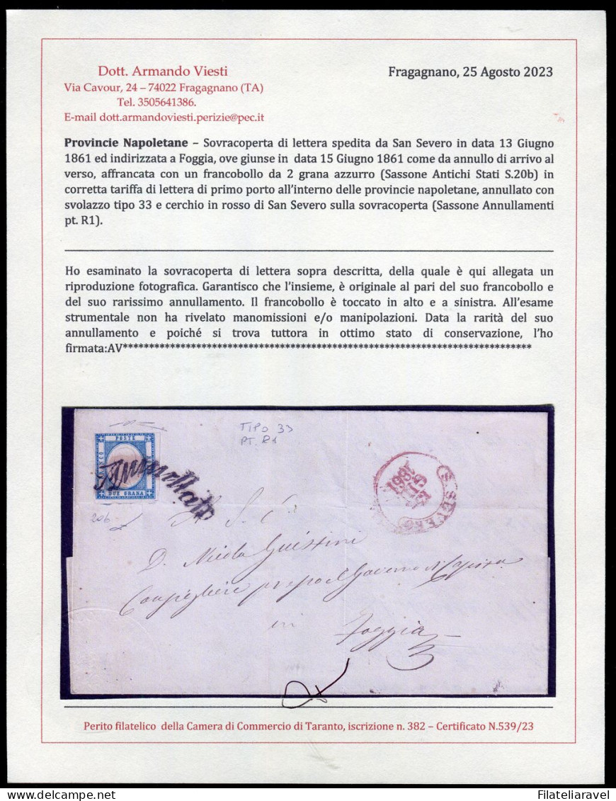 Ltr 1861 - Prov. Napoletane - Lettera San Severo A Foggia, 2 Gr Azzurro (20b) Svolazzo Tipo 33  R1 Cert.Manzoni & Viesti - Naples