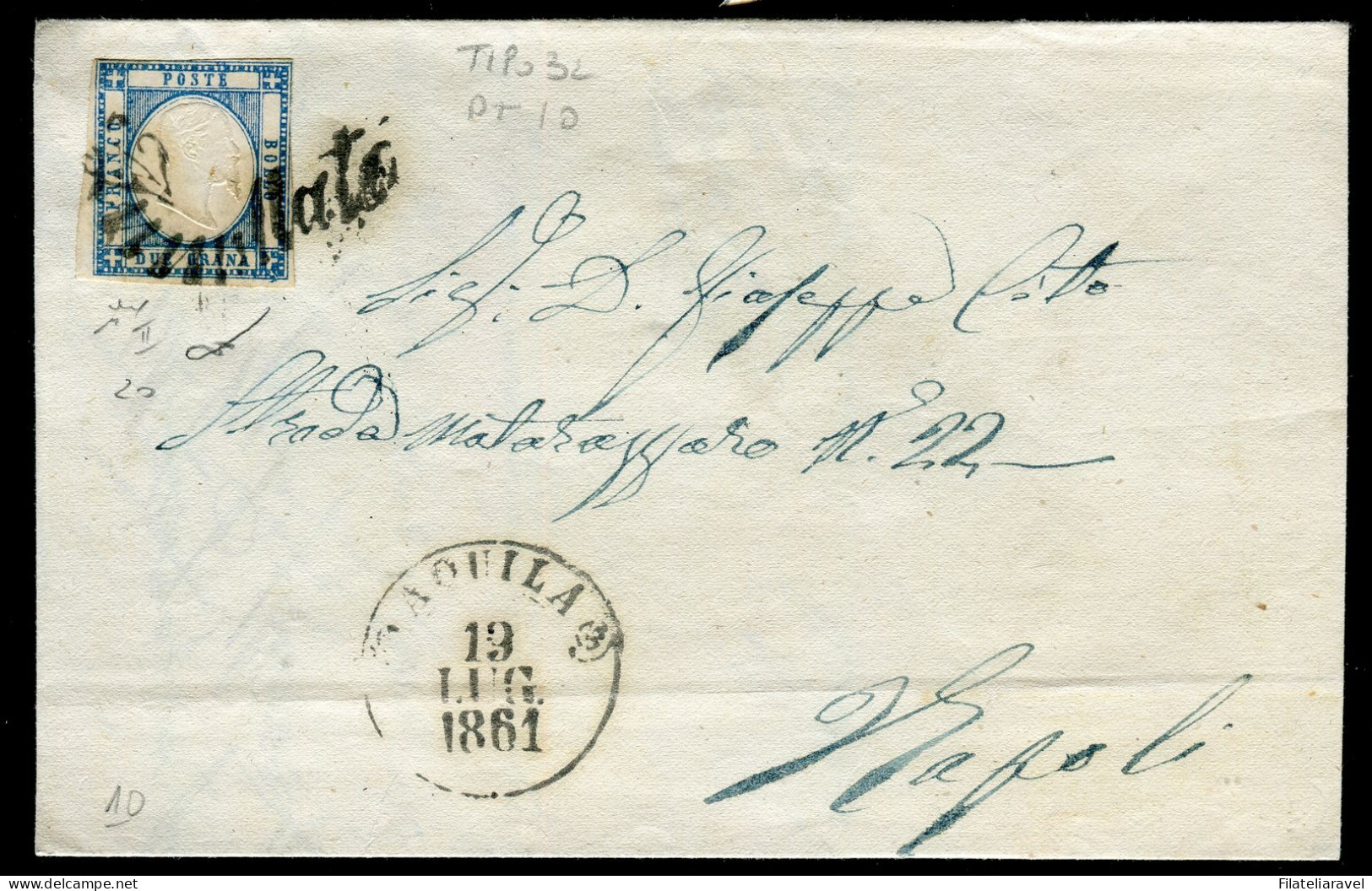 Ltr 1861 - Prov. Napoletane - Lettera Da Aquila A Napoli, 2 Gr Azzurro Chiaro (20 ) Svolazzo Tipo 32 Punti 10, Cert.Vies - Neapel