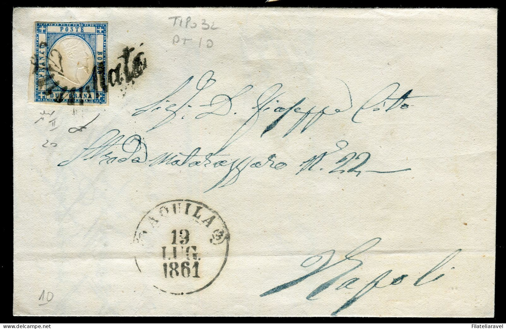 Ltr 1861 - Prov. Napoletane - Lettera Da Aquila A Napoli, 2 Gr Azzurro Chiaro (20 ) Svolazzo Tipo 32 Punti 10, Cert.Vies - Naples