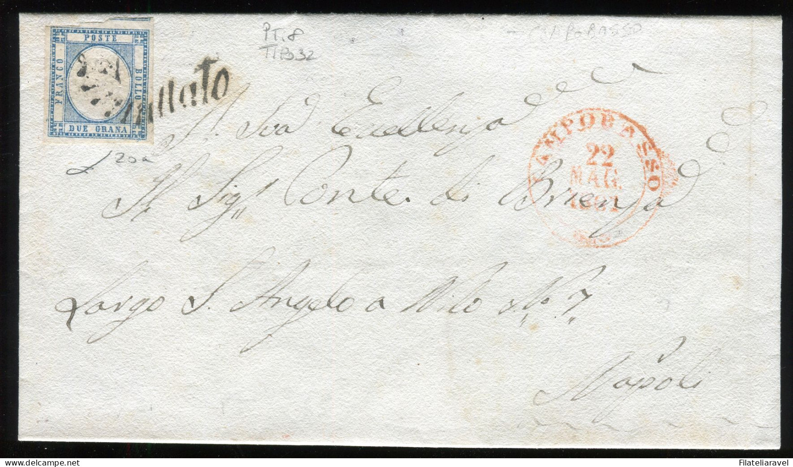 Ltr 1861 - Prov. Napoletane - Lettera Da Campobasso A Napoli, 2 Grana Celeste (20a ) Svolazzo Tipo 32 Punti 8, Cert.Vies - Napoli