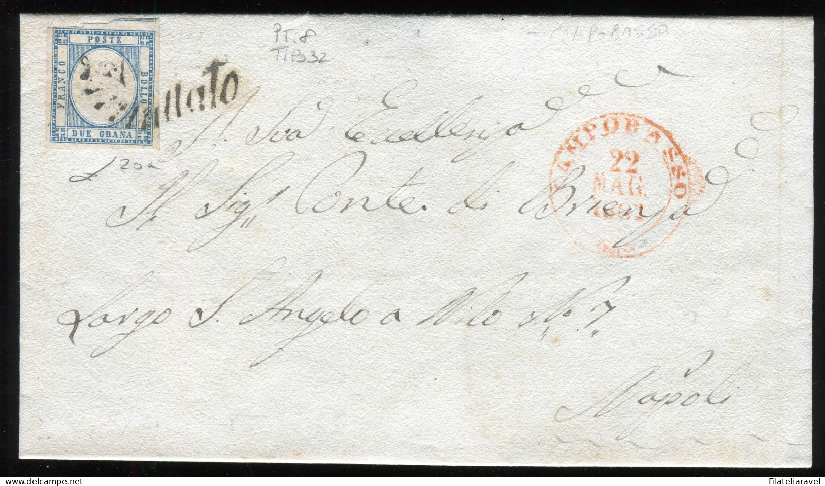 Ltr 1861 - Prov. Napoletane - Lettera Da Campobasso A Napoli, 2 Grana Celeste (20a ) Svolazzo Tipo 32 Punti 8, Cert.Vies - Napels