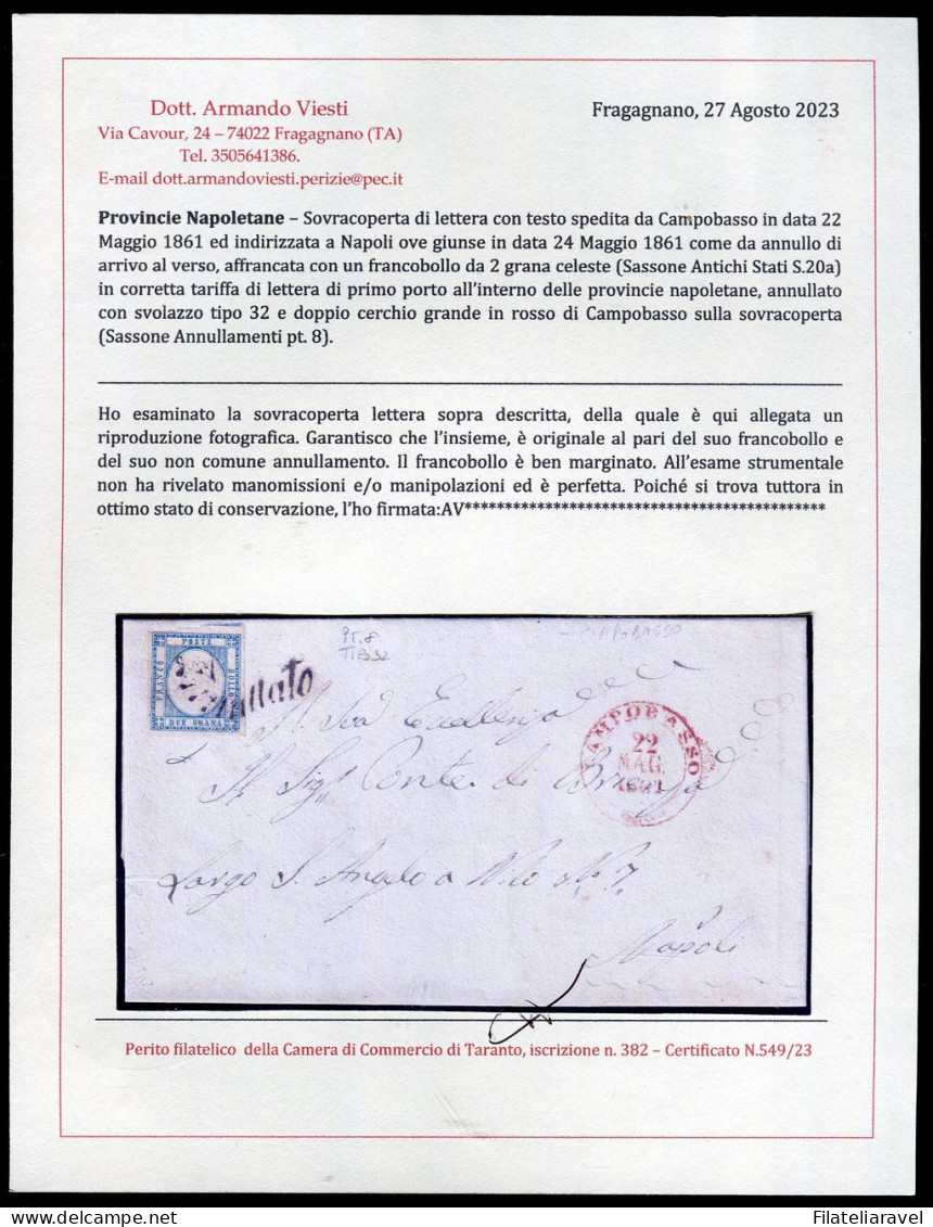 Ltr 1861 - Prov. Napoletane - Lettera Da Campobasso A Napoli, 2 Grana Celeste (20a ) Svolazzo Tipo 32 Punti 8, Cert.Vies - Napoli