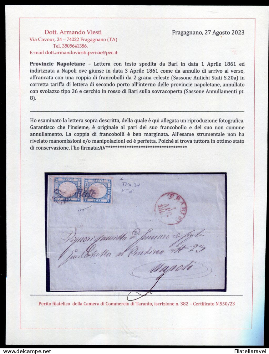 Ltr 1861 -Prov. Napoletane - Lettera Da Bari A Napoli, Coppia 2 Grana Celeste (20a) Svolazzo Tipo 36 Punti 8, Cert.Viest - Neapel