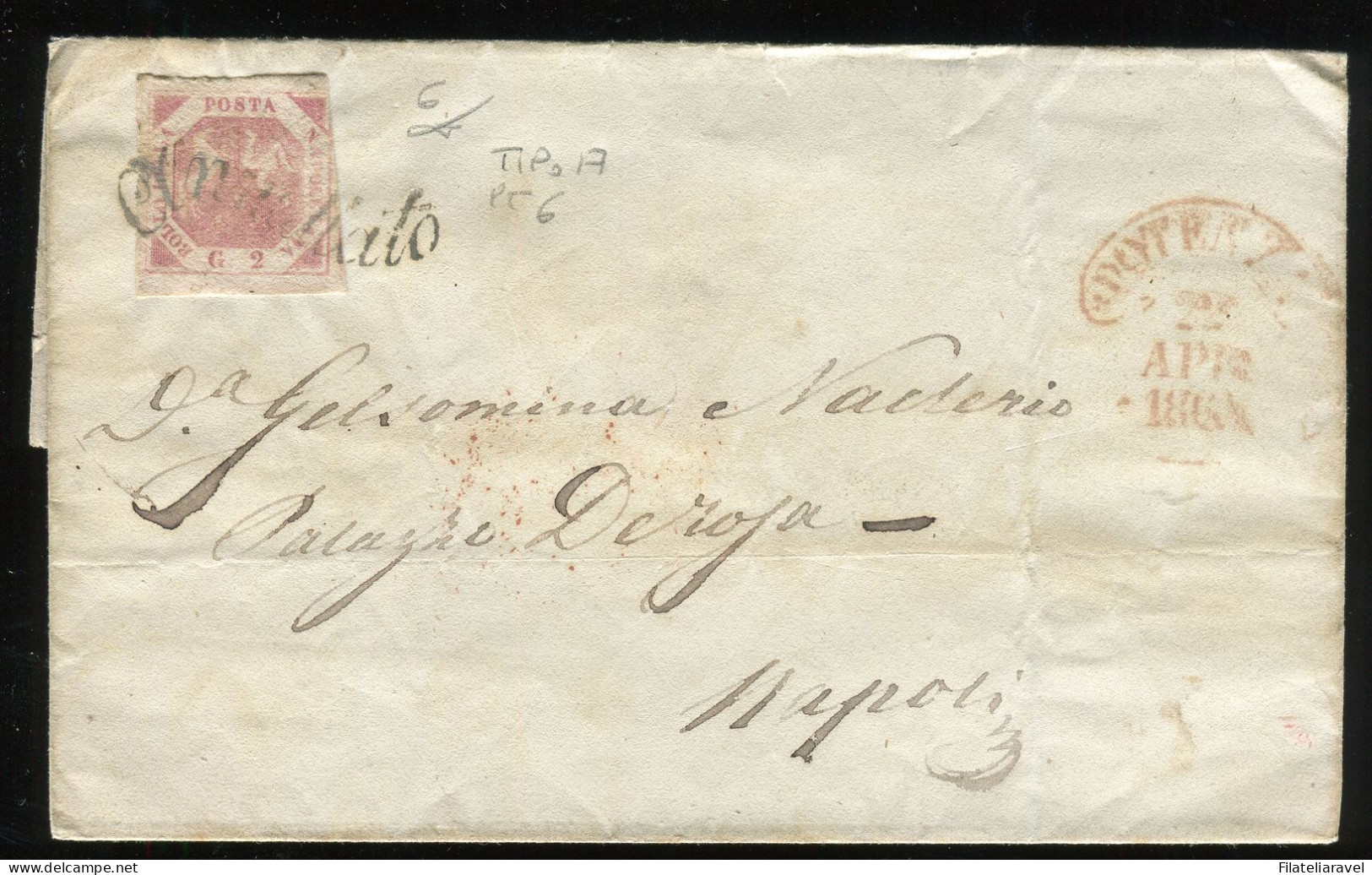 Ltr 1858 - Napoli - Lettera Da Potenza A Napoli, 2 Gr Rosa Chiaro II (6) Svolazzo Tipo 17 Punti 6, Viesti - Naples