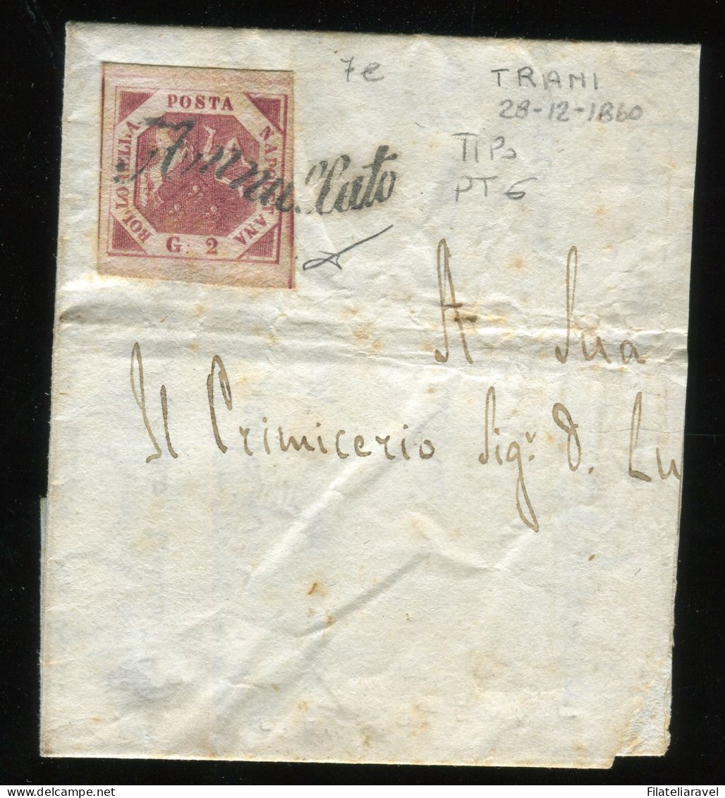 Fr 1858 - Napoli -  Frammento DiLettera Da Trani, 2 Gr  Carminio Vivo III (7e) Svolazzo Tipo 23 Punti 6, Viesti - Napoli