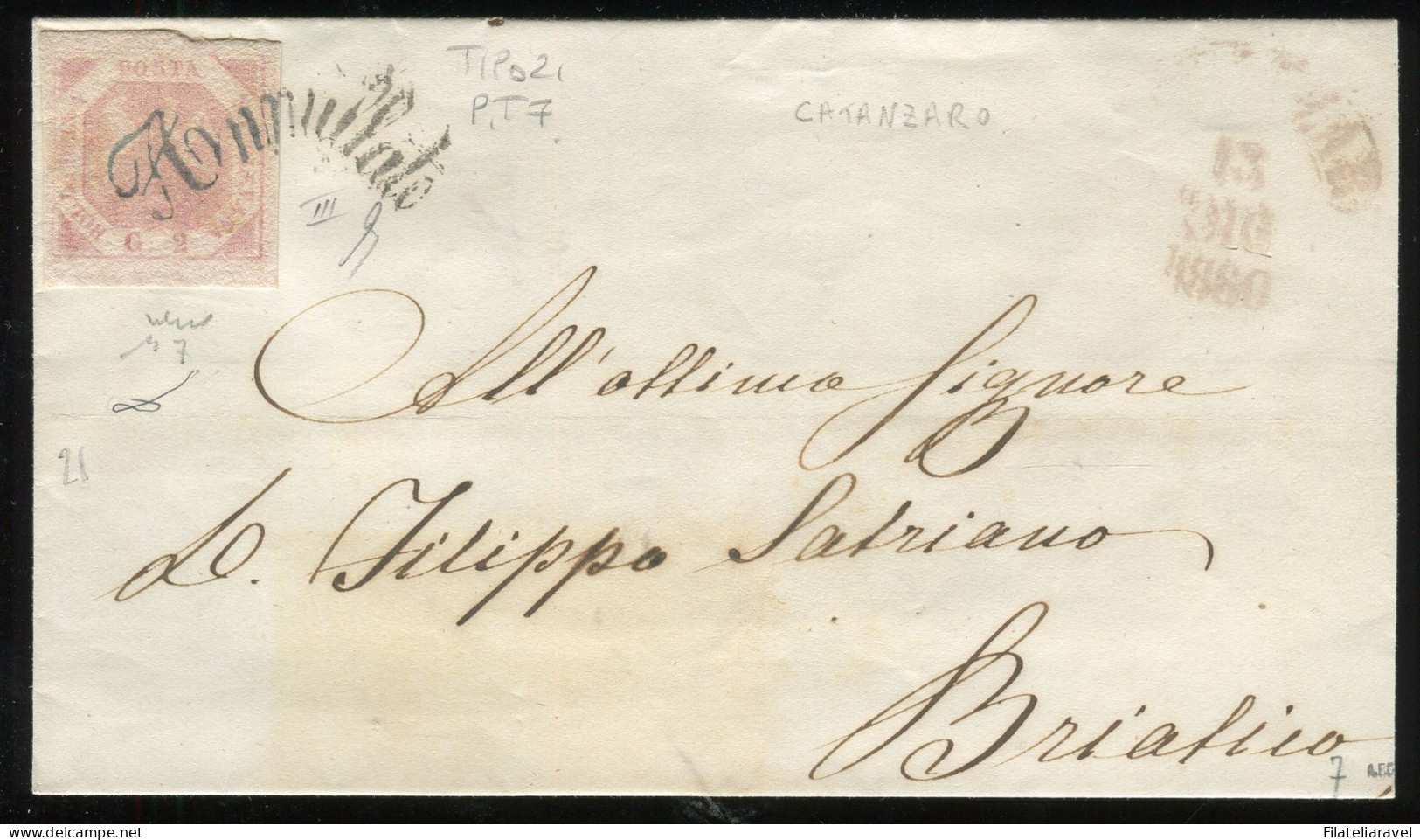 Ltr 1858 - Napoli - Lettera Da Catanzaro, 2 Gr Rosa Brunastro III (7) Svolazzo Tipo 21 Punti 7, Chiavarello - Neapel