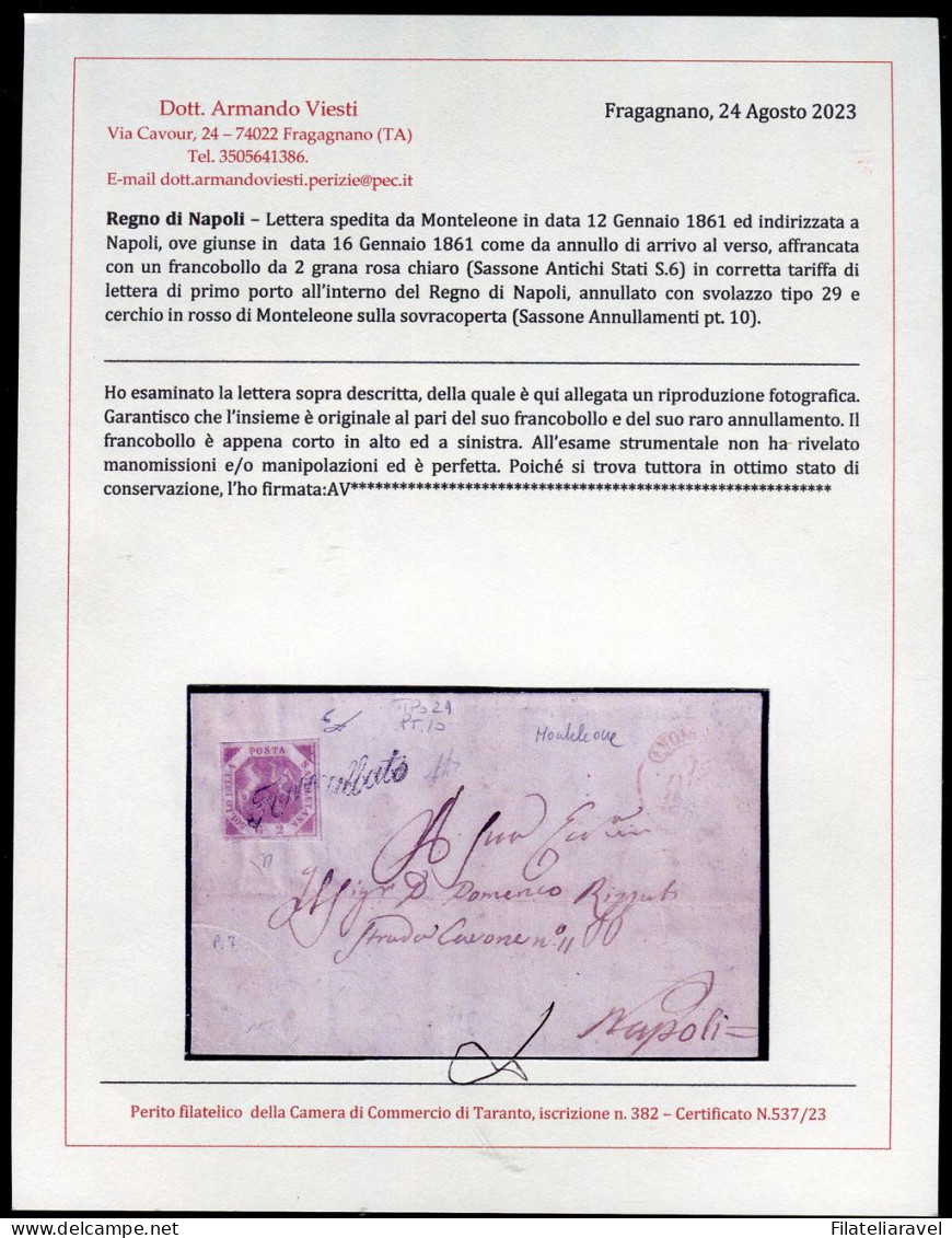 Ltr 1858 - Napoli - Lettera Da Monteleone A Napoli, 2 Gr Rosa Chiaro II (6) Svolazzo Tipo 29 Punti 10, Cert.Viesti - Neapel