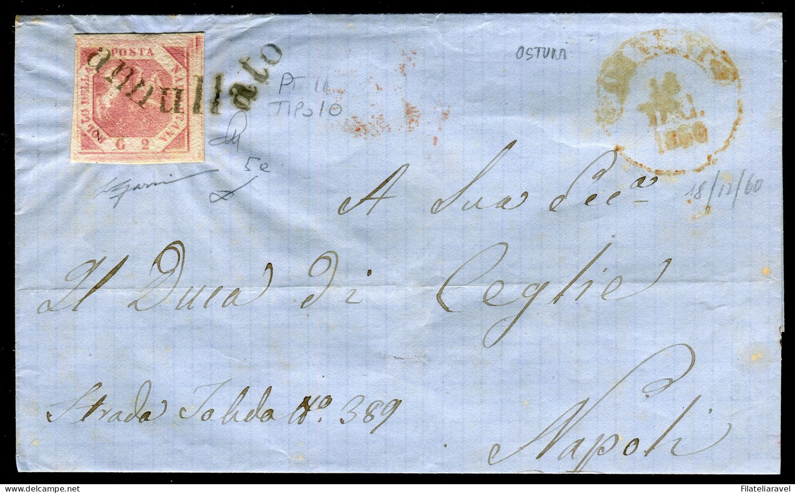 Ltr 1858 - Napoli - Lettera Da Ostuni A Napoli, 2 Gr Rosa Lillaceo I (5a) Svolazzo Tipo 10 Punti 11, Cert. Viesti - Napels