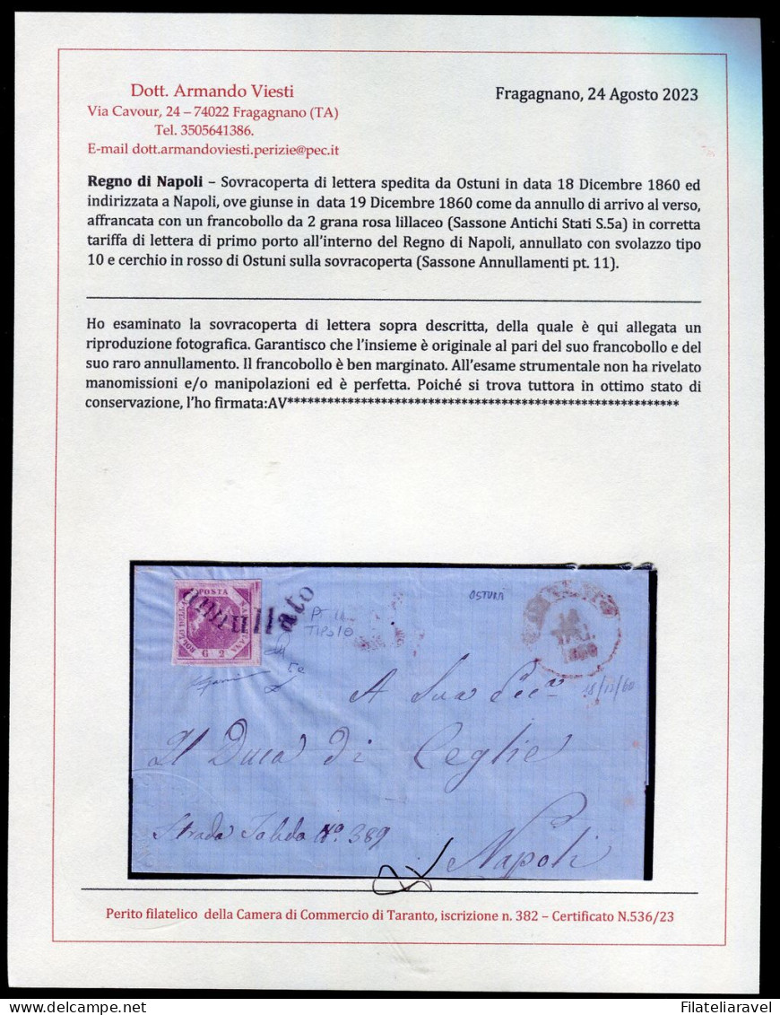 Ltr 1858 - Napoli - Lettera Da Ostuni A Napoli, 2 Gr Rosa Lillaceo I (5a) Svolazzo Tipo 10 Punti 11, Cert. Viesti - Napoli