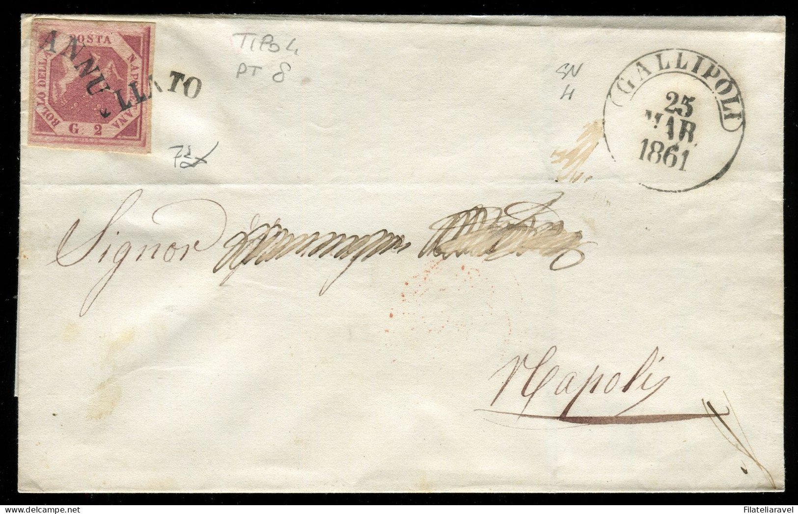 Ltr 1858 - Napoli - Lettera Da Gallipoli A Napoli, 2 Gr Carminio III (7d) Svolazzo Tipo 4 Punti 8, Cert. Viesti - Napels