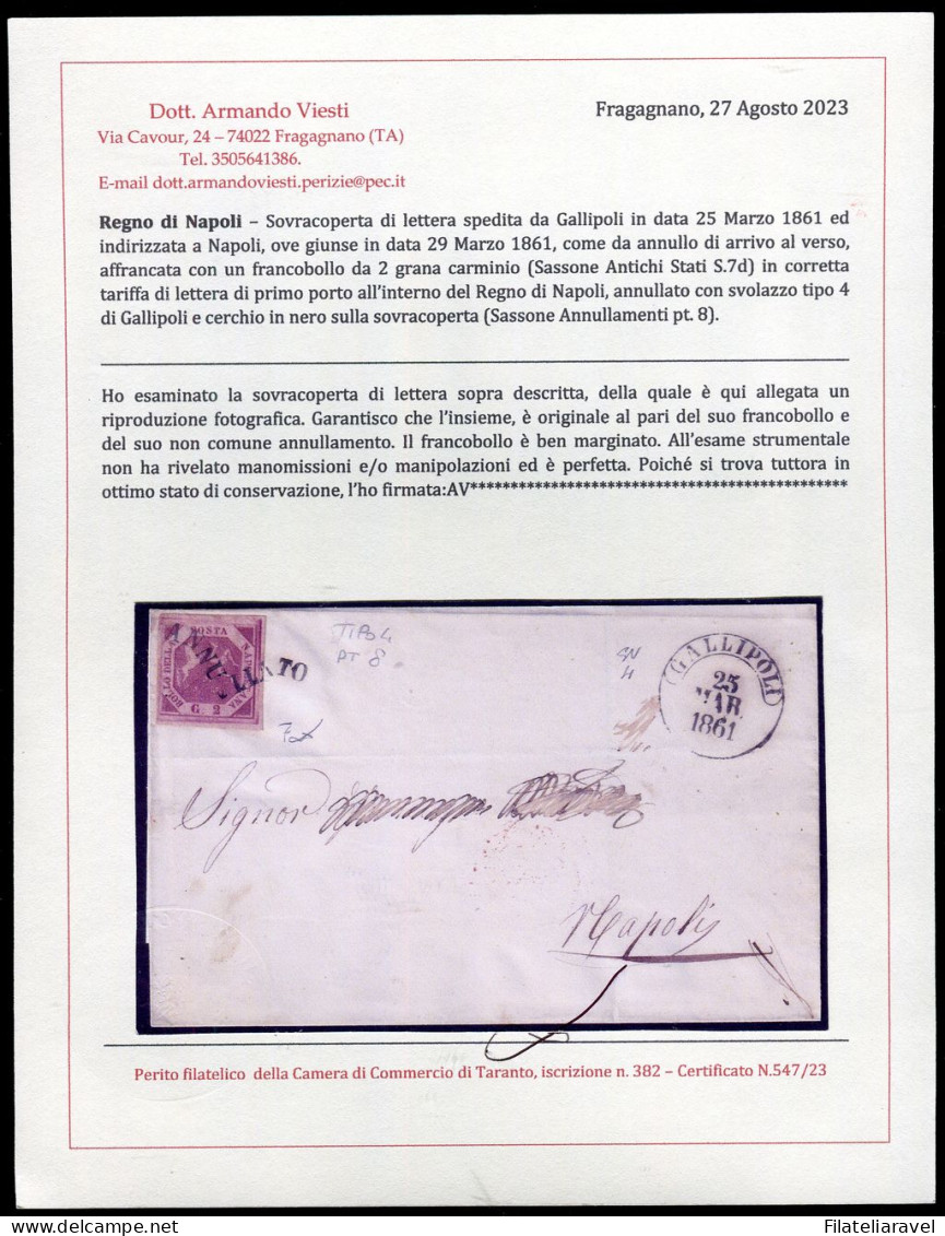 Ltr 1858 - Napoli - Lettera Da Gallipoli A Napoli, 2 Gr Carminio III (7d) Svolazzo Tipo 4 Punti 8, Cert. Viesti - Napels