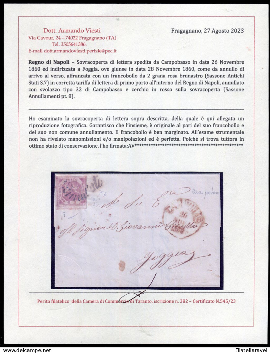 Ltr 1858 - Napoli - Lettera Da Campobass A Foggia, 2 Gr Rosa Brunastro III (7)Svolazzo Tipo 32 Punti 8, Cert.Viesti - Naples