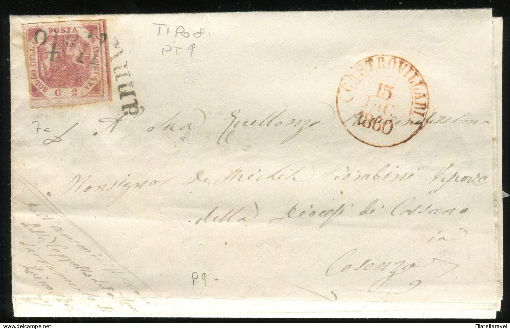 Ltr 1858 - Napoli - Lettera Da Castrovillari A Cosenza, 2 Gr Rosa Carminio (7c) Svolazzo Tipo 8 Punti 9 Cert.Viesti - Nápoles