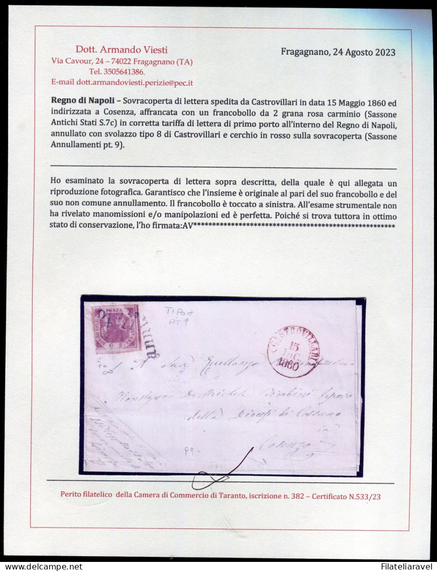 Ltr 1858 - Napoli - Lettera Da Castrovillari A Cosenza, 2 Gr Rosa Carminio (7c) Svolazzo Tipo 8 Punti 9 Cert.Viesti - Napels