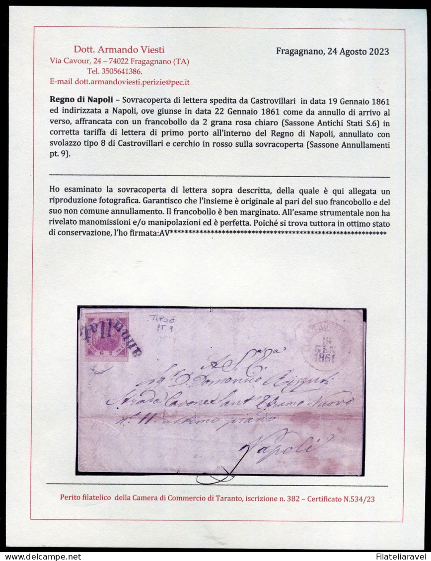 Ltr 1858 - Napoli - Lettera Da Castrovillari A Napoli, 2 Gr Rosa Chiaro (6) Svolazzo Tipo 8 Punti 9 Cert.Viesti - Napoli