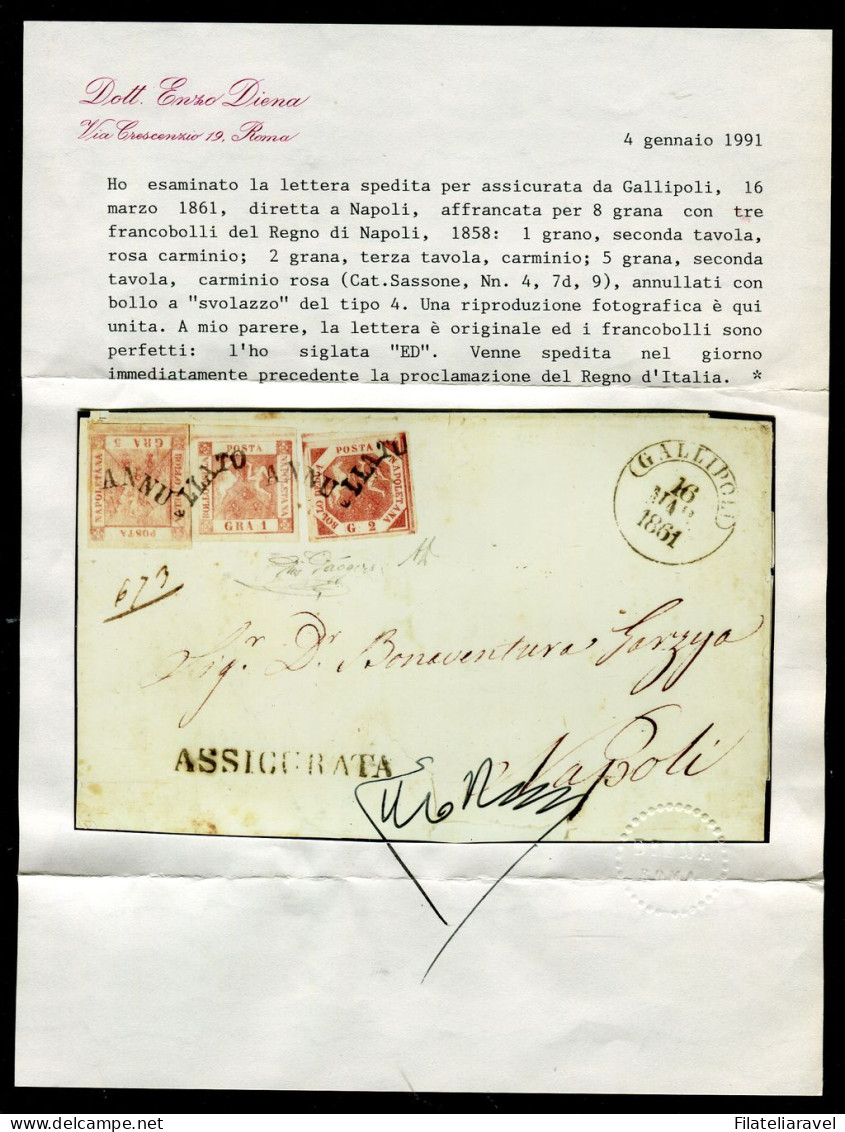 Ltr 1858 - Napoli - Lettera Assicurata Spedita Il Giorno Prima Della Proclamazione Del Regno Svolazzo 4, Cert. Diena - Neapel