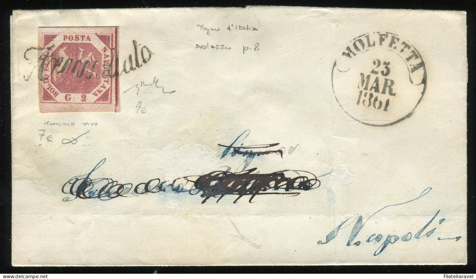 Ltr 1858 - Napoli - Lettera Da Molfetta A Napoli, 2 Gr Carminio Vivo III (7e) Svolazzo Tipo 26 Punti 8, Cert. Viesti - Neapel