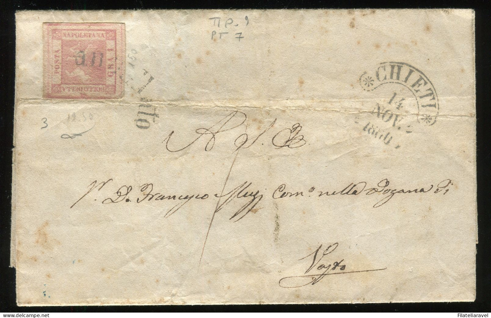 Ltr 1858 - Napoli - Lettera Da Chieti A Vasto, 1 Gr Rosa Chiaro I (3) Non Tassata Svolazzo Tipo 9 Punti 7, Cert. Viesti - Naples