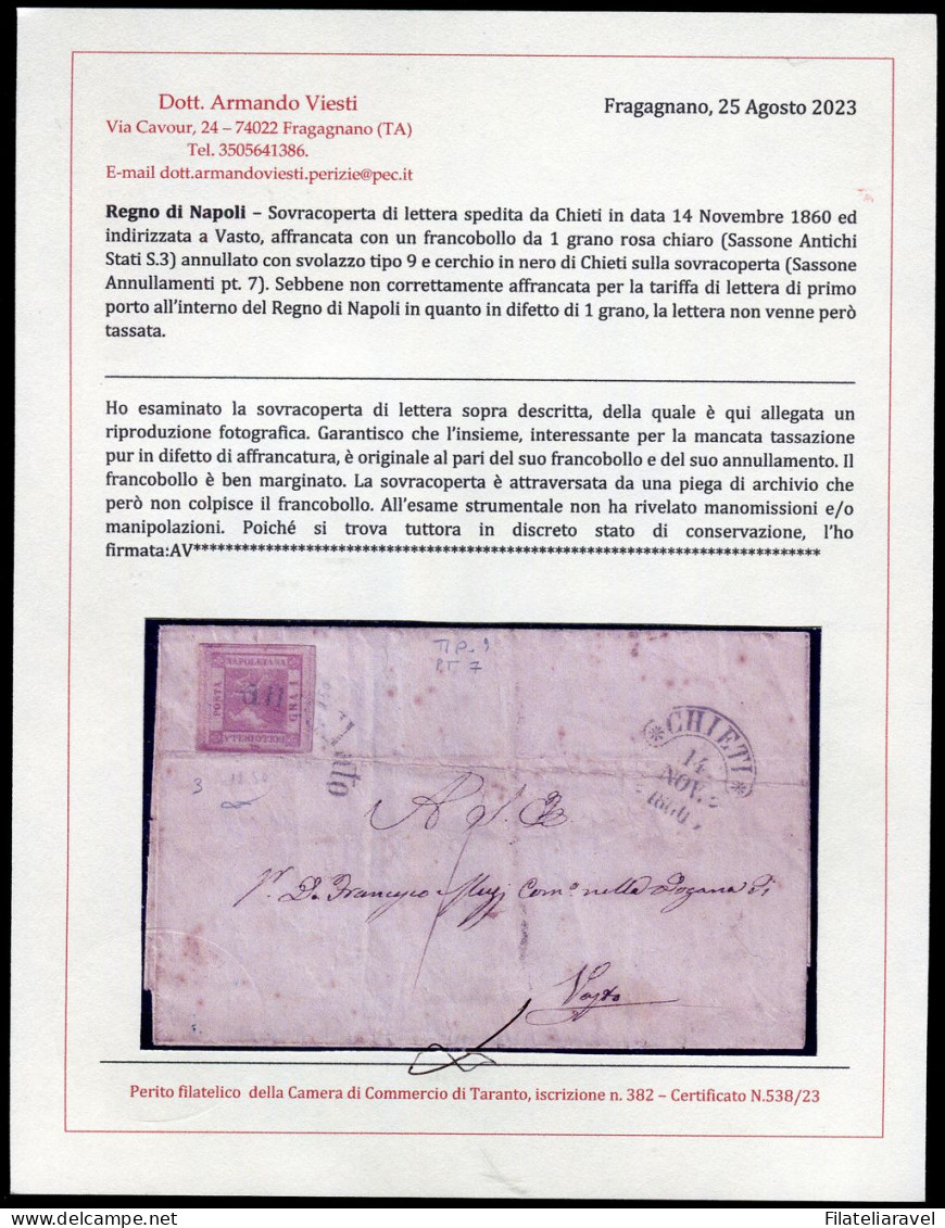 Ltr 1858 - Napoli - Lettera Da Chieti A Vasto, 1 Gr Rosa Chiaro I (3) Non Tassata Svolazzo Tipo 9 Punti 7, Cert. Viesti - Naples