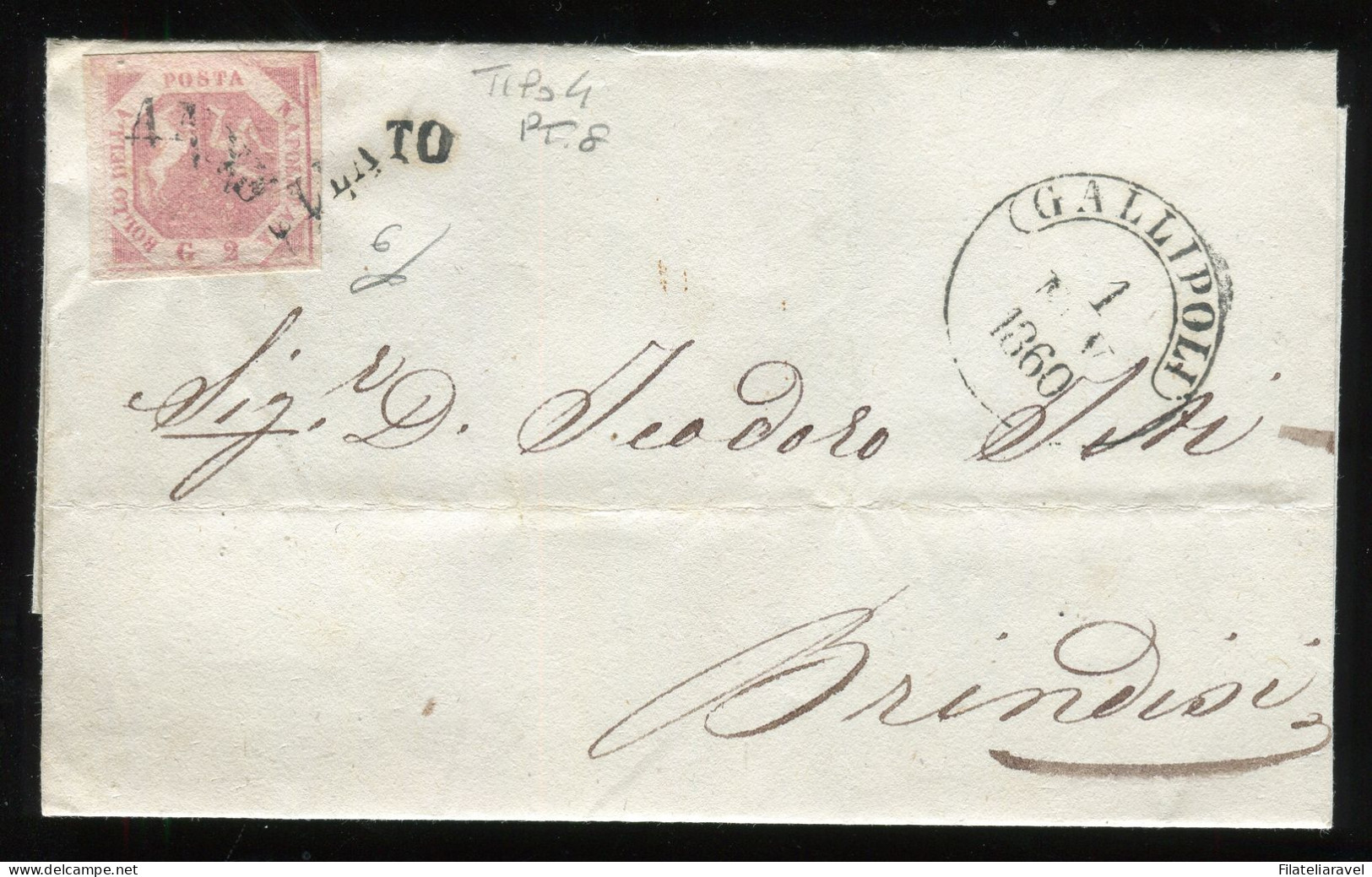 Ltr 1858 - Napoli - Lettera Da Gallipoli A Brindisi, 2 Gr Rosa Chiaro II Tav (6) Svolazzo Tipo 4 Punti 8, Cert. Viesti - Napoli