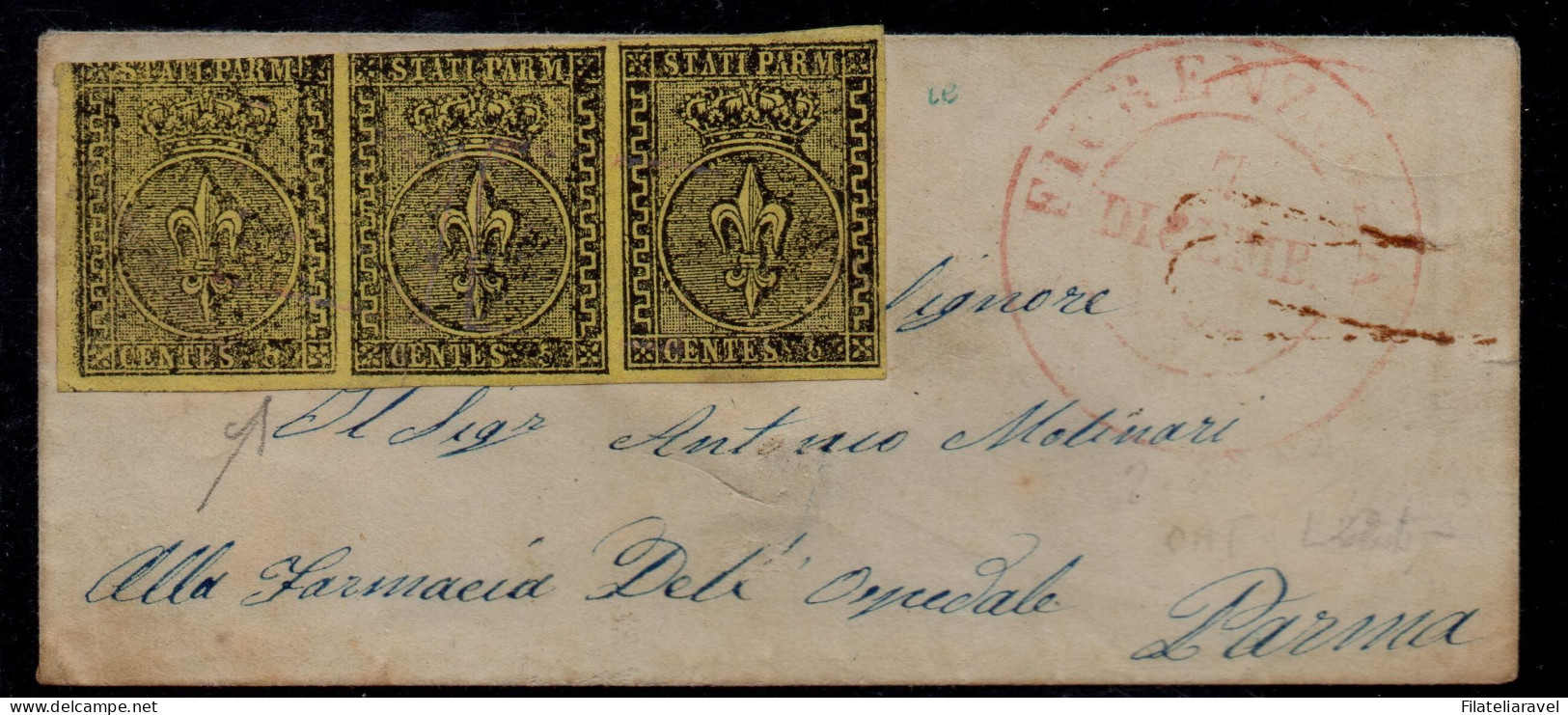 Ltr 1852 - Parma - Lettera Da Fiorenzuola A Parma Affrancata Con Striscia Di 3 Val Da 5c (1) , Cert. Oliva (4.000) - Parma