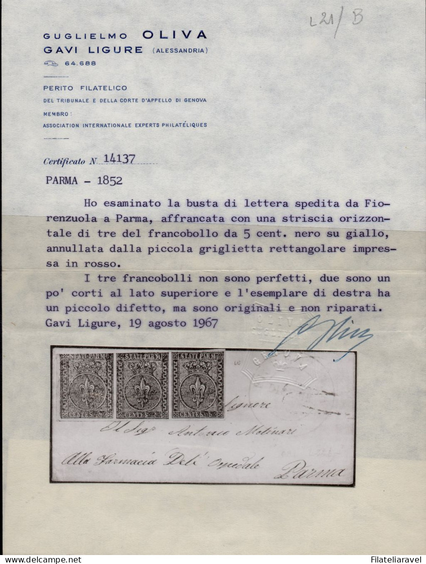 Ltr 1852 - Parma - Lettera Da Fiorenzuola A Parma Affrancata Con Striscia Di 3 Val Da 5c (1) , Cert. Oliva (4.000) - Parme