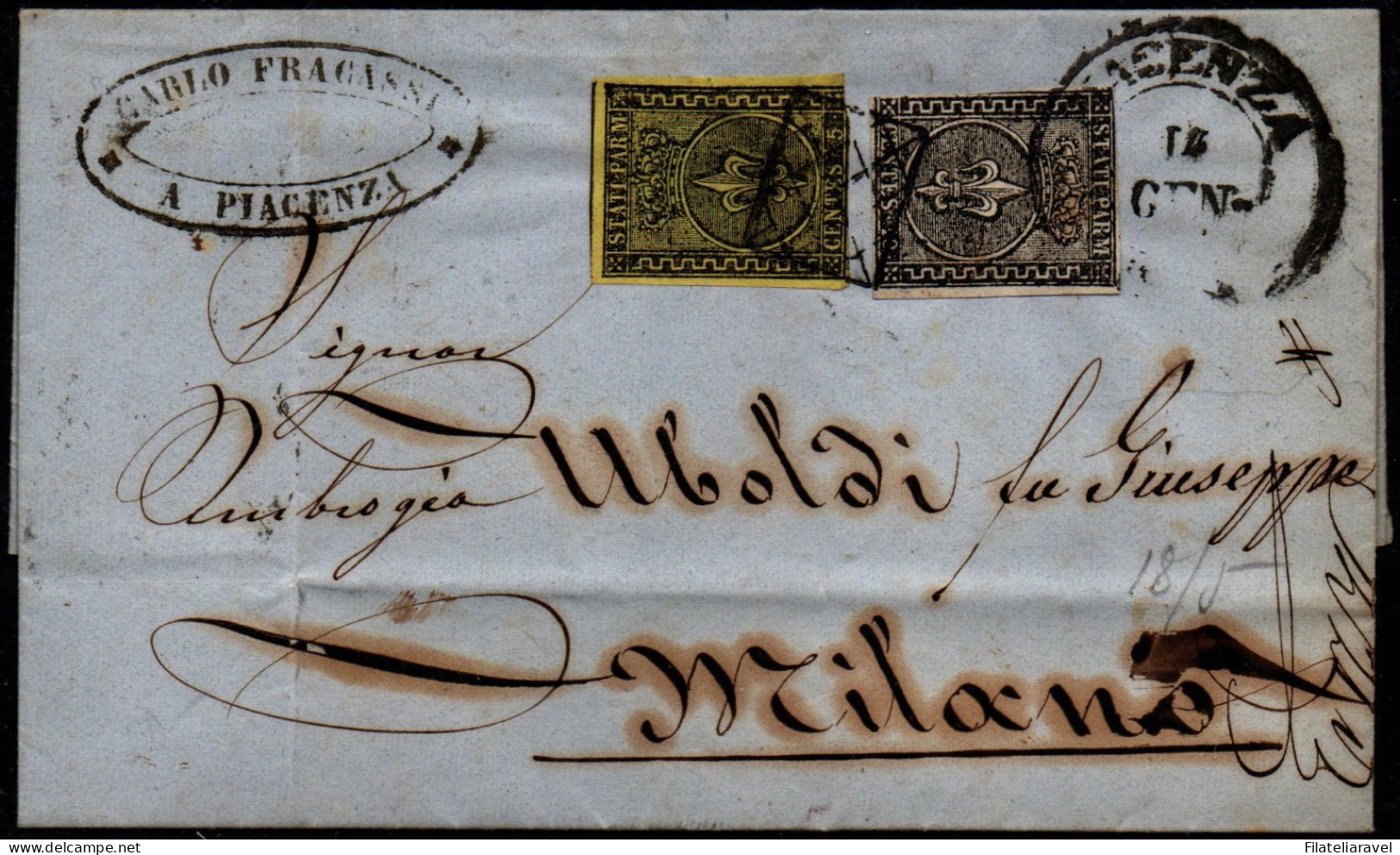 Ltr 1852 - Parma - Lettera Da Piacenza A Milano, 5c Giallo (1a) + 10c Bianco (2)  Cert. A. Viesti (1.950) - Parma