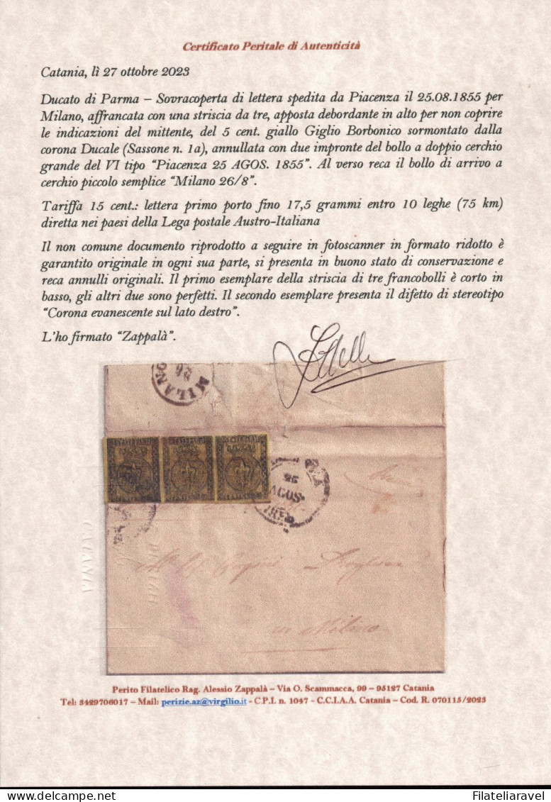 Ltr 1852 - Parma - Lettera Da Piacenza A Milano, Striscia Di 3 Val Da 5c (1a) Cert. A. Zappalà (4.500) - Parme