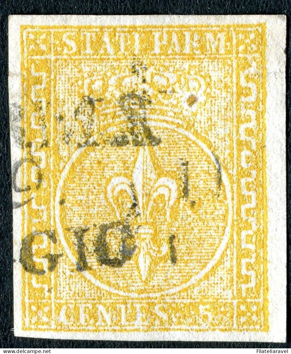 Us 1853/55 Parma- 5 Centesimi Giallo Arancio Bordo Foglio (6) Splendido, Usato, Cert. P.Cardillo - Parme