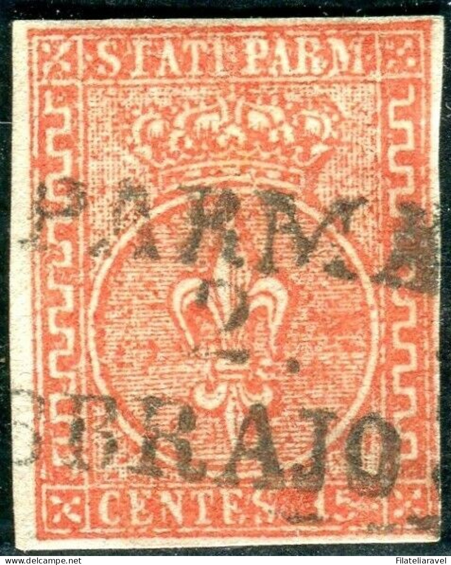 Us 1853/55 Parma - 15 Centesimi Rosso Vermiglio (7a) Tutti I Margini Completi, Cert. L. Guido - Parme