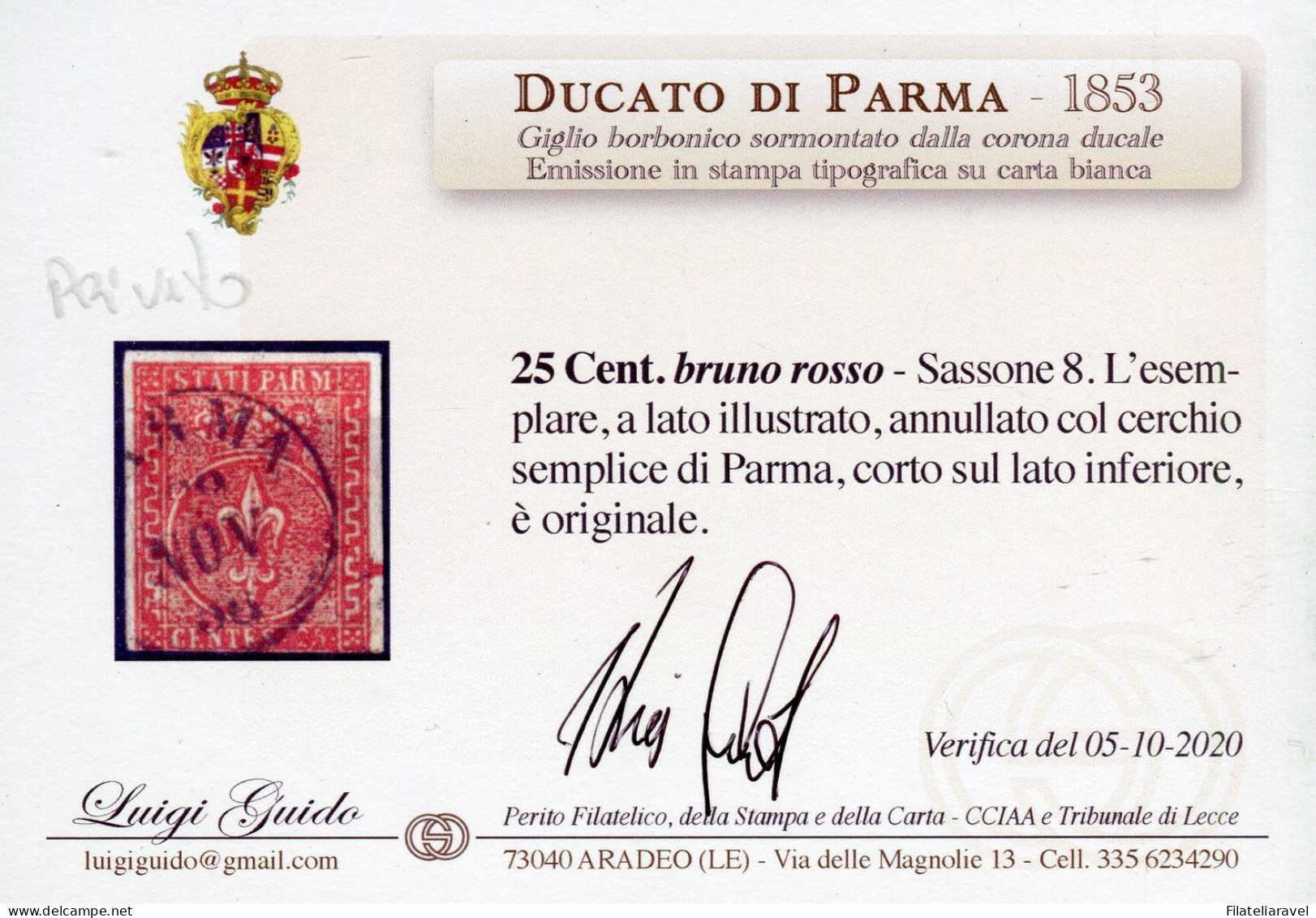 Us 1853/55 Parma - 25 Centesimi Bruno Rosso (8) Verifica L. Guido - Parma