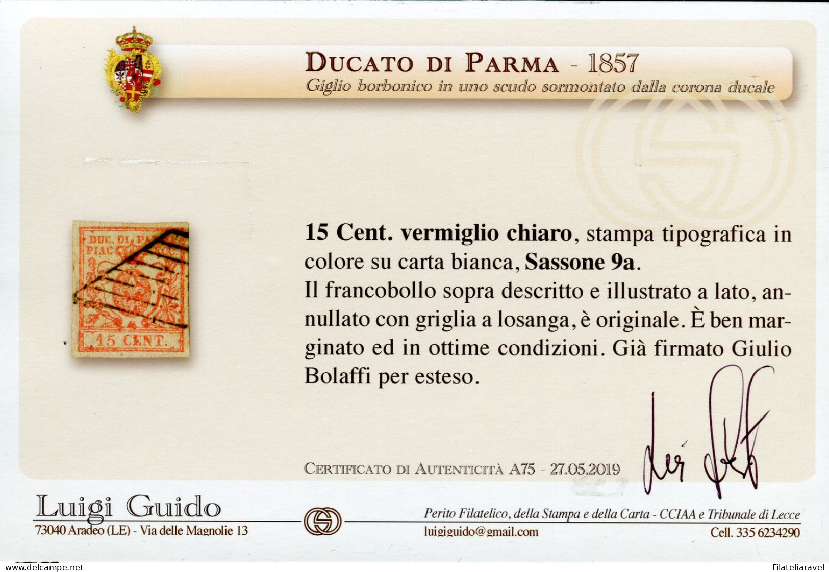 Us 1857/59 Parma - 15 Centesimi Vermiglio Chiaro (9a) Usato, Bolaffi & Cert. L.Guido - Parme