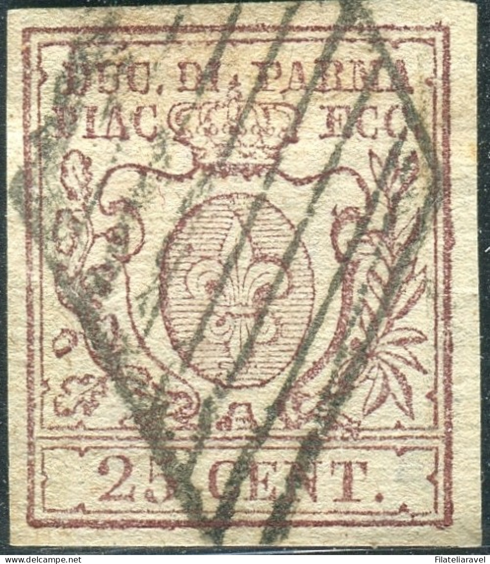 Us 1857/59 Parma - 25 Centesimi Bruno Lilla Scuro (10a) Usato, Richter - Parme