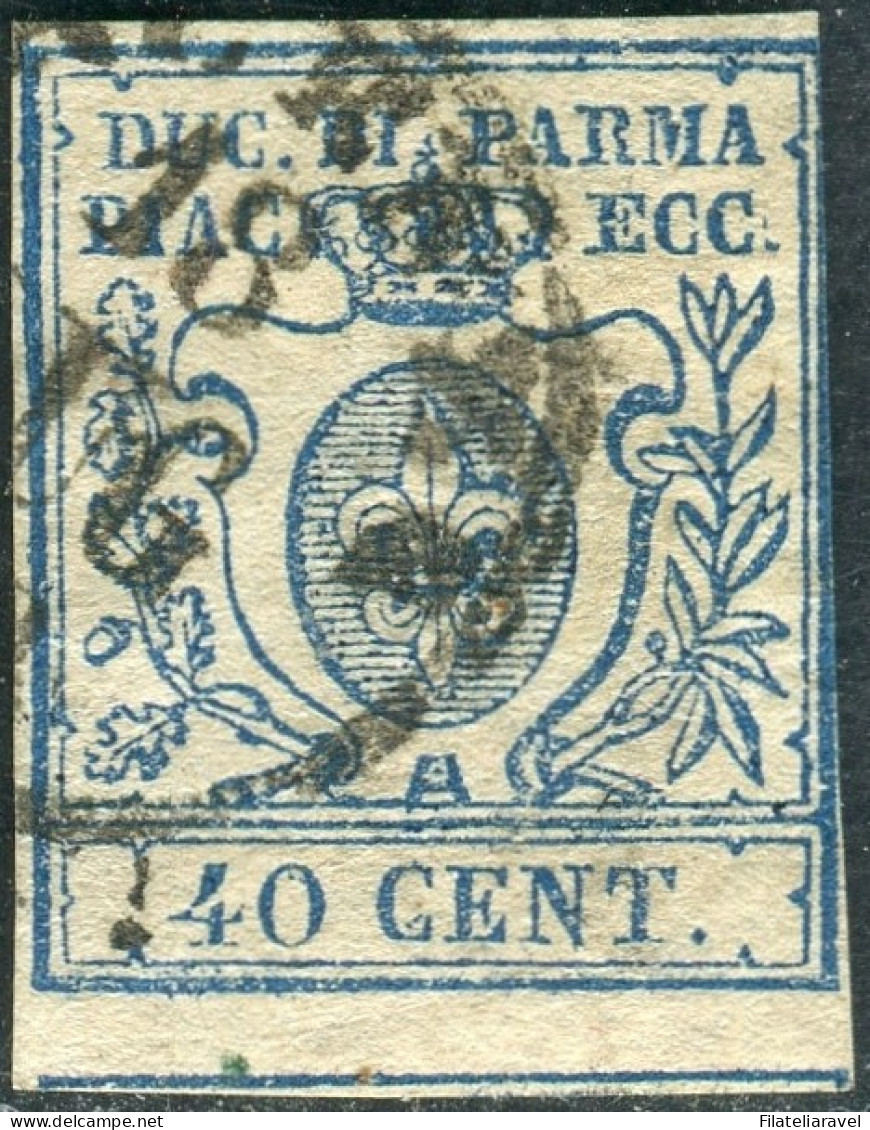 Us 1857/59 Parma - 40 Centesimi Azzurro Scuro (11a) 1° Tipo Con 0 Largo, Verifica L. Guido - Parme